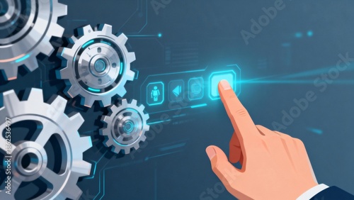 Hand interacting with digital interface and gears