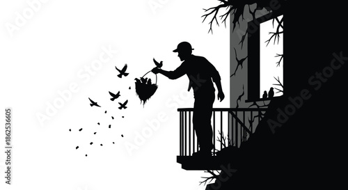 Silhouette of a caring man standing on a balcony providing food in a nest filled with baby birds while other birds fly away in a stark black and white graphic illustration concept
