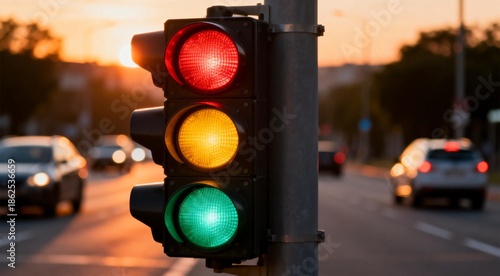 Traffic light with cars on road at sunset