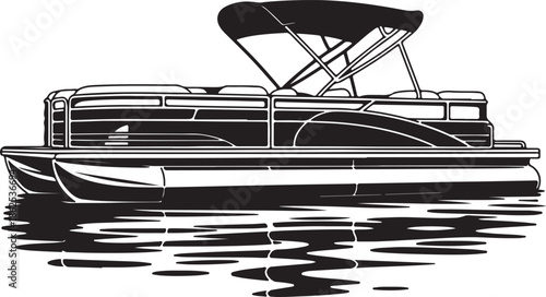 A black and white illustration of a pontoon boat on calm water with a canopy
