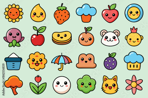 Adorable Hand-Drawn Kawaii Emojis - Bold Outline Vector Sticker Pack, Minimalist Kawaii Planner Icons - Cute Vector Characters for Digital Stickers, Minimalist Kawaii Planner Icons - Cute Vector Chara