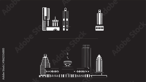 Black and white illustration of cityscape with skyscrapers and buildings from a distant viewpoint