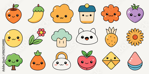 Adorable Hand-Drawn Kawaii Emojis - Bold Outline Vector Sticker Pack, Minimalist Kawaii Planner Icons - Cute Vector Characters for Digital Stickers, Minimalist Kawaii Planner Icons - Cute Vector Chara