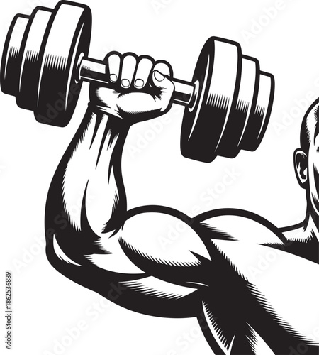 Muscular Man Lifting Heavy Dumbbell Weight Training Illustration