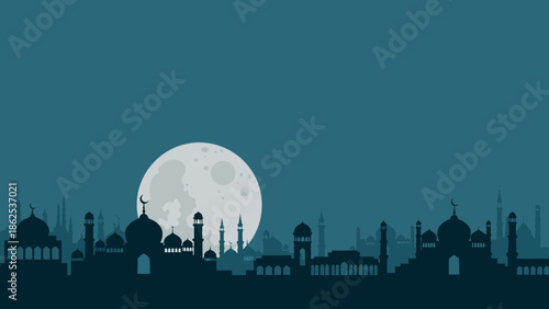 Silhouette cityscape of Islamic architecture under a full moon, representing cultural heritage and spiritual ambiance