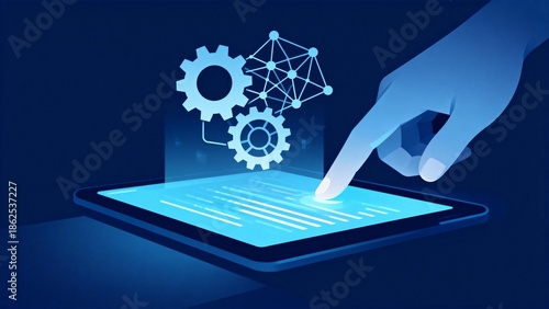 Hand interacting with digital tablet and gears