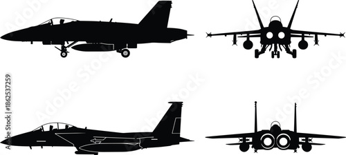 Military fighter jet silhouettes front side rear views isolated on white background aviation defense aircraft illustration vector graphic design template