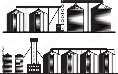 Industrial Grain Silos and Storage Facilities Illustrated in Black and White
