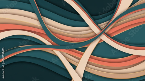 Contemporary abstract 2D art with curved lines and layered depth, elegant color harmony, clean flat illustration style
