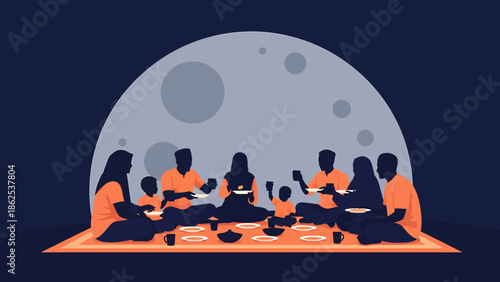 Family gathered for a meal under a large moon, celebrating togetherness and tradition