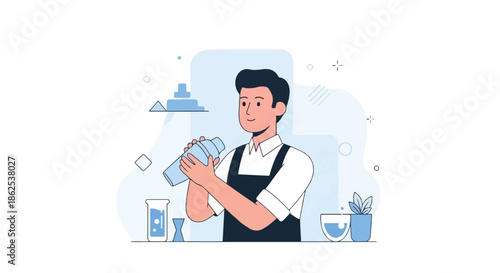 Professional Bartender Making Cocktail Drink at Bar Counter Flat Vector Illustration