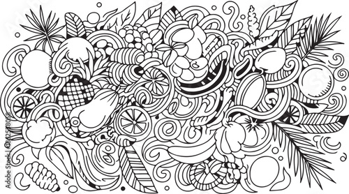 A black and white illustration of various fruits and leaves intertwined with swirling patterns and decorative elements.