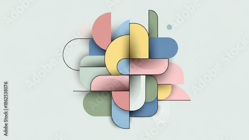 Stylish abstract 2D shapes floating on a light background, soft pastel colors, modern minimal design, high visual balance