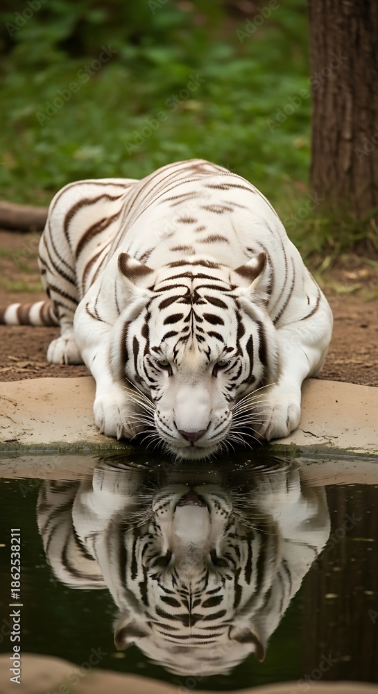 Naklejka premium White tiger drinking from water reflection.