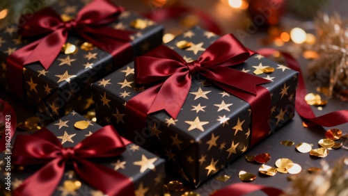 Gift boxes with star patterns and red ribbons