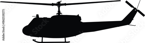 Military helicopter silhouette, classic utility rotorcraft with landing skids, aviation transport aircraft isolated black vector illustration on white background