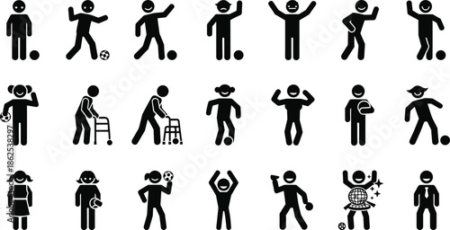 Set of people activity icons showing daily routines, sports, dancing, and wellness representing diverse physical movement and lifestyle actions.