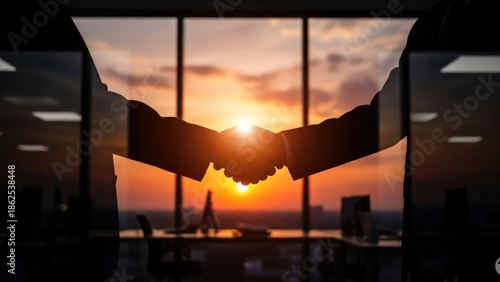 Professional handshake silhouette at sunset, superimposed over a modern office interior with city views