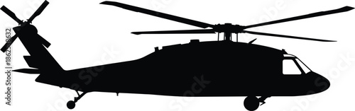 Military helicopter silhouette, modern combat aircraft with rotor blades, aviation defense transport isolated black vector illustration on white background design