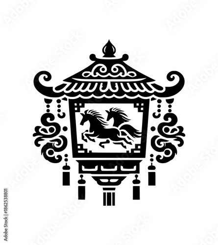 A traditional Chinese lantern with an intricate design featuring two horses in mid-gallop, symbolizing good fortune during Chinese New Year, against a clean white background with ornate