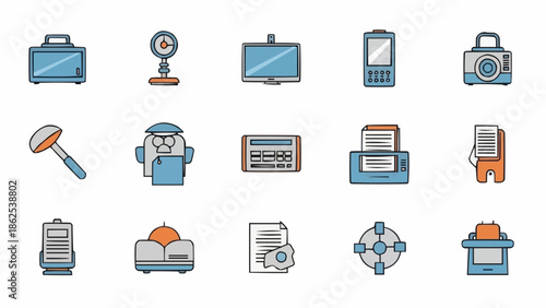 Collection of office equipment and technology icons in color.