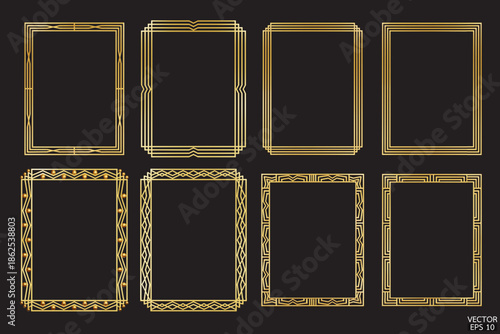 Premium gold geometric frames are isolated on black background. Luxury golden borders for invitations, luxury templates, and decorative patterns. 3D vector illustration.