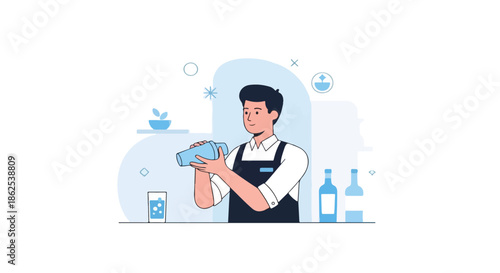 Professional Bartender Making Cocktail Drink at Bar Counter Flat Vector Illustration