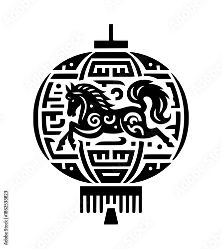 Black and white illustration of a horse on a traditional Chinese New Year lantern with intricate designs against a clean white background.