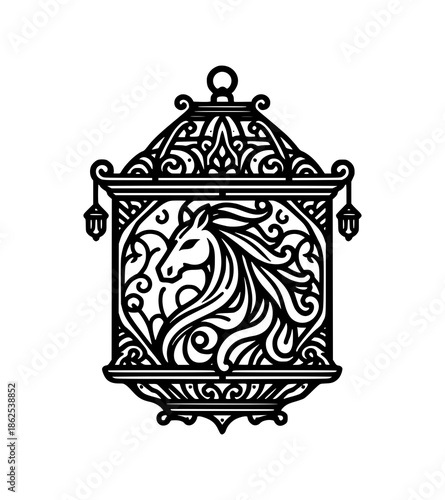 Black and white illustration of a horse head inside a decorative lantern with intricate patterns for Chinese New Year celebrations on a plain background.