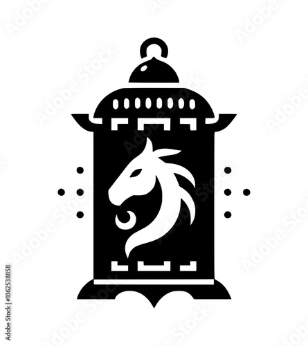 A black and white illustration of a traditional Chinese lantern featuring a horse design, symbolizing good fortune during Chinese New Year celebrations on a plain background.