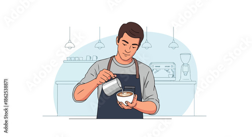 Coffee Shop Barista Making Latte Art Espresso Flat Illustration Vector