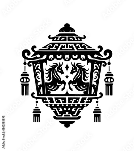 Black silhouette of a traditional Chinese lantern with intricate designs and tassels on a white background, symbolizing Chinese New Year celebrations.