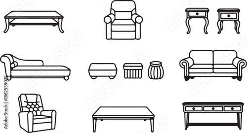 A black and white line drawing of various furniture pieces including chairs, sofas, tables, and stools arranged in a grid.