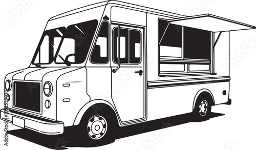 A black and white line drawing of a food truck viewed from the front side