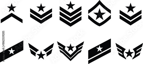 Military rank insignia symbols set, black army chevron star badges isolated on white background vector illustration modern flat design