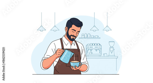 Barista Making Latte Art in Coffee Shop Professional Flat Vector Illustration