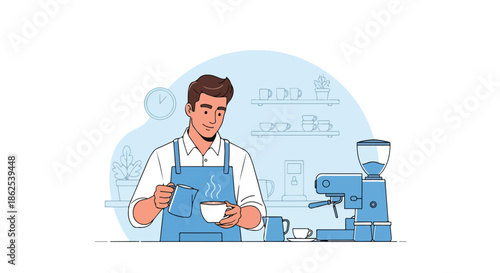 Barista Preparing Latte Art Coffee at Coffee Shop Flat Design Illustration