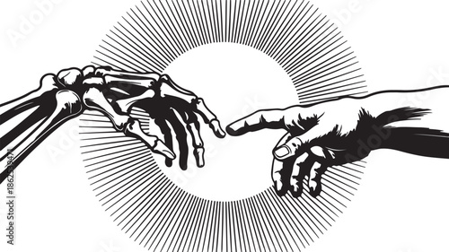 Two hands almost touching in a black and white line drawing with radial lines in the background