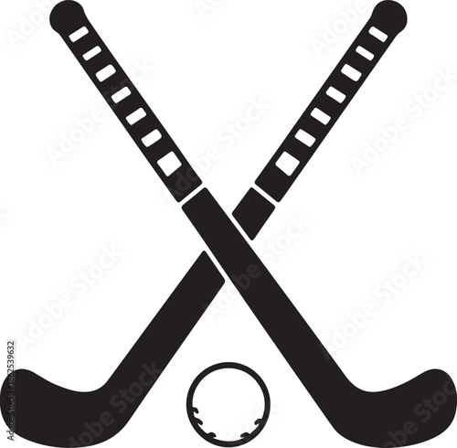 Black and White Illustration of Crossed Hockey Sticks with Puck on White Background