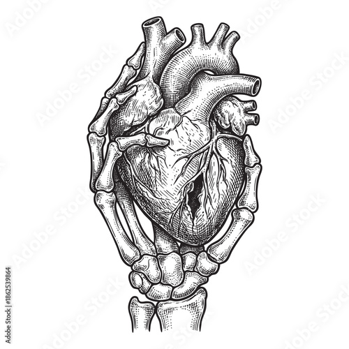 Skeleton Hand Holding Anatomical Heart