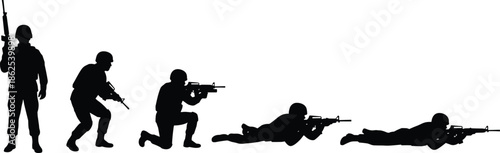Military soldiers silhouettes advancing in tactical combat positions, armed forces training sequence, modern warfare action isolated on white background studio
