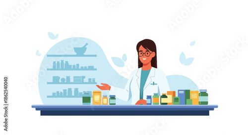 Pharmacist Working in Pharmaceutical Laboratory with Medicine Research Flat Vector Illustration