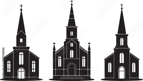 Silhouette illustration of three church buildings with steeples from different viewpoints
