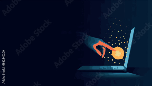 Digital hand reaching into a laptop screen to interact with a glowing element, symbolizing online transactions, digital security, data transfer, or virtual currency concept