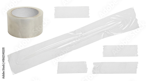 Clear adhesive tape roll and various pieces of transparent sticky tape isolated on white background