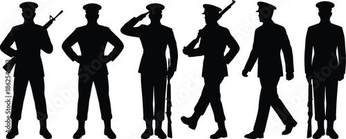 Military soldier silhouette set showing armed forces poses, standing, walking, saluting, defense concept, isolated black figures on white background