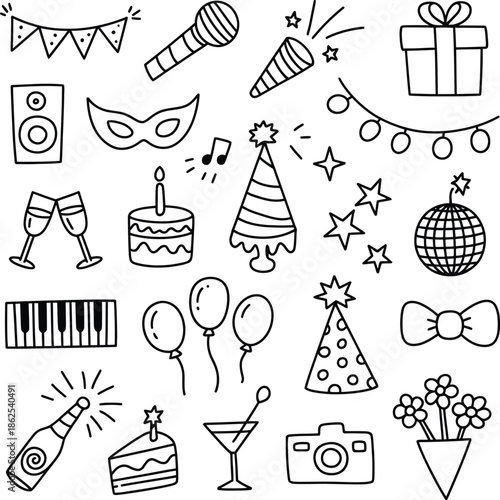 A simple doodle style collection of Christmas and New Year icons with festive toys hats food and holiday symbols