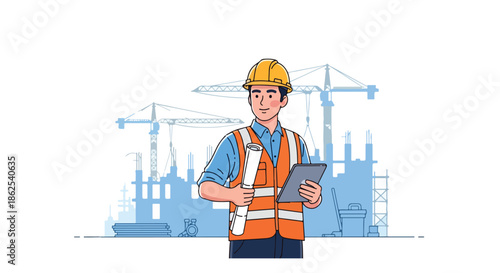 Construction Engineer Holding Building Blueprint at Project Site Flat Vector Illustration