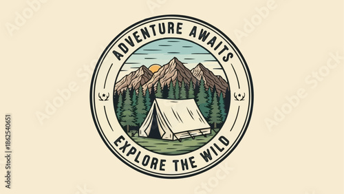 Adventure awaits explore the wild camping tent in mountains illustration.