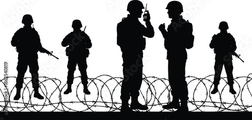 Military soldiers silhouettes communicating on border patrol, armed guards with rifles, barbed wire security defense isolated background white studio cutout
